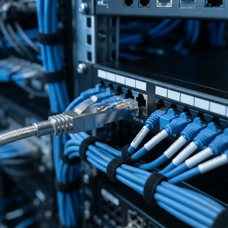 Conector de rede Cat6A sendo instalado em patch panel com cabos organizados