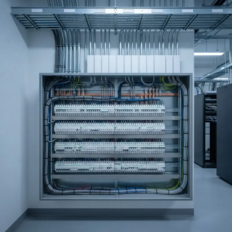 Quadro elétrico de baixa tensão em sala técnica corporativa